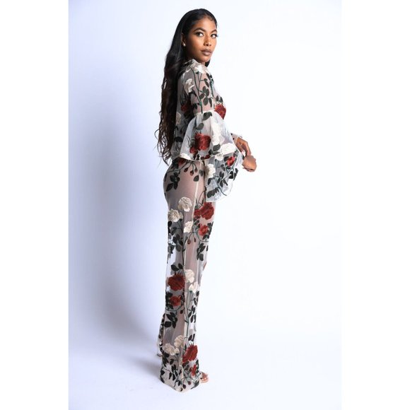 Women's Rose embroidered Outfit Casual Set Flared Long Sleeve 2 Piece Set - Picture 12 of 12